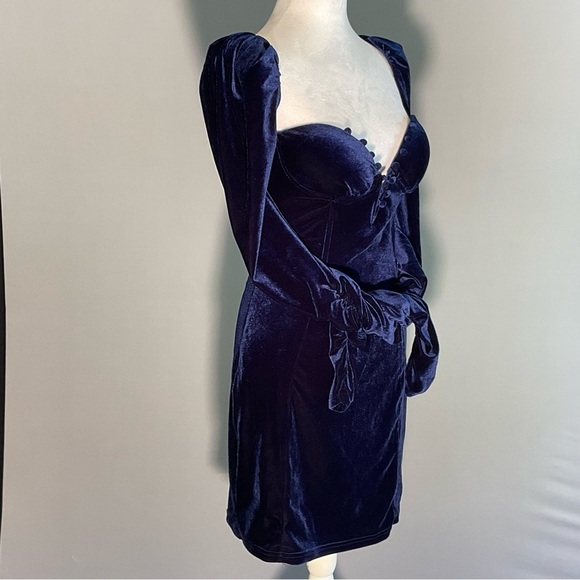 FASHIONNOVA, Sz M, Velveteen, Midnight Blue, BodyCon, Mini-Dress W Deep V Neck - Picture 14 of 16